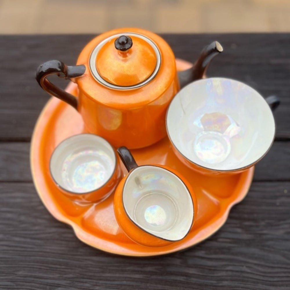 Antique Union T Czech-Slovakian burnt orange luster ware porcelain tea set Rare